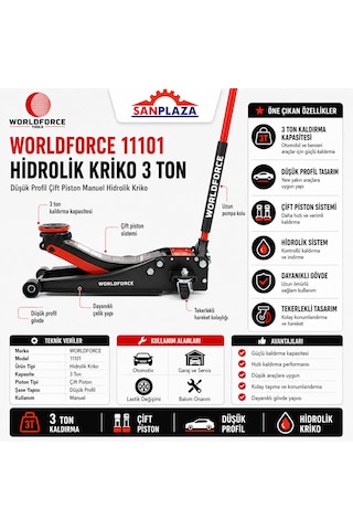 Worldforce 11101 Hidrolik Kriko 3 Ton Düşük Profil Çift Piston F1 Garaj Tipi Araç Krikosu