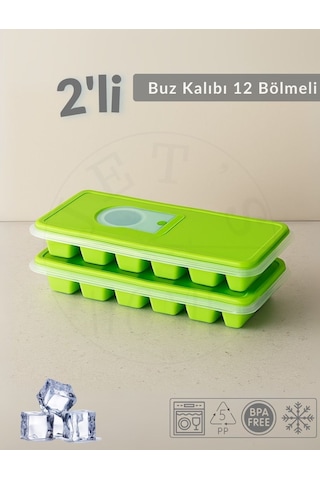 2'li Set Buz Kalıbı 12 Bölmeli Esnek Silikon Buz Küpü Bpa Free Kare Bas Parmak Buzluk 3x3 Cm Yeşil Yeşil