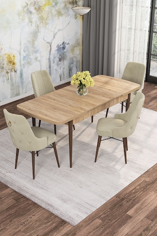 Mona Meşe 80x132 Açılabilir Mdf Masa Yemek Odası Takımı, Mutfak Takımı 4 Adet Sandalye Meşe Masa - 4 Bej - Ceviz Ayak