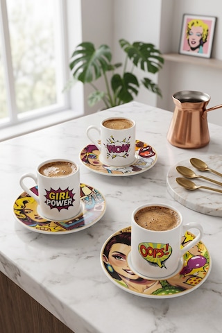 12 Parça 6 Kişilik Porselen Pop Art Kahve Fincan Takımı 100ml Beyaz
