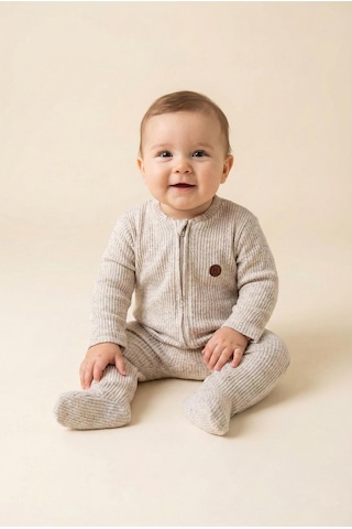 Luess Unisex Bebek Ayıcık Nakışlı Rahat Kalıp Tulum 0 Ay - 9 Ay Ekru