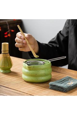 Seremoniye Uygun 5 Parça Matcha Seti Bambu Çırpıcı, Seramik Kase Ve Kaşık İle Çay Ritüeli Yeşil