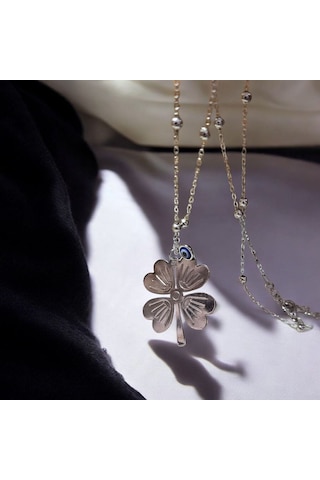 Gümüş Renk Dört Yapraklı Yonca Ve Nazar Boncuğu Kolye Şans Semb Gold