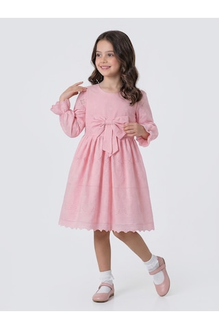 Pina Kids Kız Çocuk Uzun Kollu Önü Kurdelalı Fisto Elbise Pembe