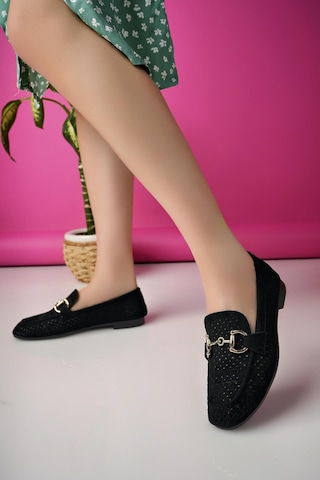 Muggo Phuket Garantili Metal Tokalı Lazerli Nefes Alabilen Deri Kadın Loafer Günlük Ayakkabı Siyah