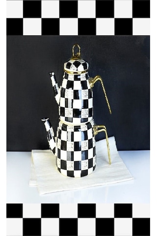 Bayev Elite Class 201131 Dama Emaye Çaydanlık - Siyah Beyaz Beyaz - Siyah