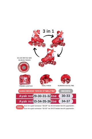 Işıklı Silikon Tekerli Paten Kız Erkek Çocuk Pateni Çantalı 2+2 4 Dört Tekerlekli Paten 3 İn 1