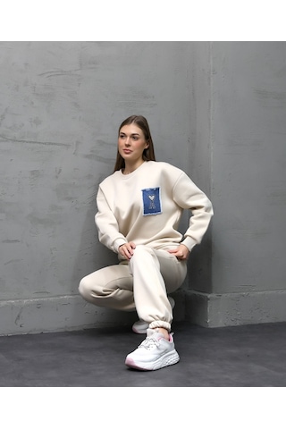 Calimera Kadın Sweatshirt 3 İplik Eşofman Takımı Oversize Beyaz