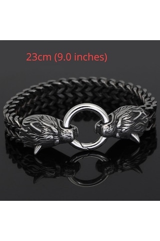 Novahub Siyah İskandinav Vintage Viking Paslanmaz Çelik Erkek Bilezik, Kurt Tasarımı, Erkeksi Görünüm, 21cm, Hediye İdeali Siyah
