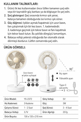 Taşınabilir Mini Fan 3 Kademeli Döner Başlıklı Aşağı Yukarı 15 Kademeli Ayarlanabilir Yükseklik Açı Ayar Düğmeli Mini Fan El Fanı Masaüstü Fan Ev Ofis Vantilatör Pervane 100 Gr