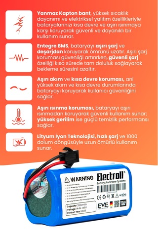 Lenovo Robot Vacuum Cleaner E1 Uyumlu Batarya 2800mah Pil