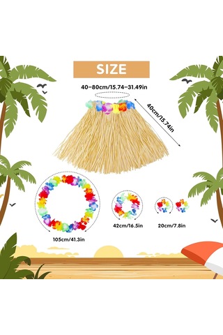 Yetişkin Çocuk Hawaii Parti Seti - 40 Cm Naturel Etek + Çiçek Aksesuarlar 5 Parça Diğer