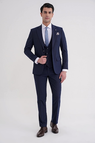 Efor Slim Fit Çift Yırtmaç Ekoseli Esnek Yünlü Yelekli Klasik Lacivert Takım Elbise Tk 934 Lacivert