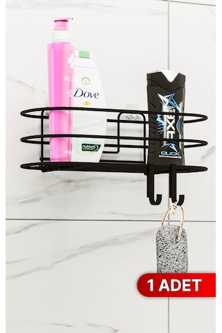 Banyo Düzenleyici Şampuanlık Sabunluk 1 Adet Oval Tel Yapışkanlı 2 Askılı Duş Rafı Organizer Siyah
