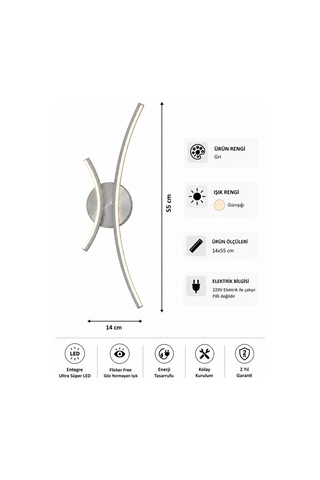 Yumi Modern Led Duvar Apliği Günışığı Gri