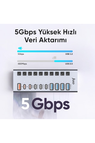Juo Usb-a 10 Portlu Anahtarlı 5 Usb-a 5 Type-c 5gbps Pd Hızlı Şarj Destekli Usb 3.1 Çoklayıcı Dönüştürücü Hub