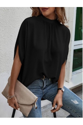 Yaz Dantel-up Leopar Baskı Batwing Kısa Kollu Bluz Zarif Gevşek Rahat Standı Yaka Gömlek Moda Şık Üstleri Kadın 25320 Siyah