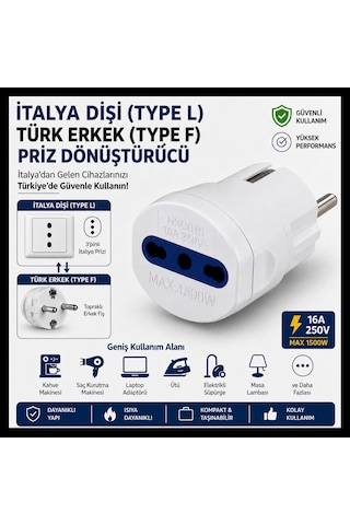 İtalya Dişi (Type L) Türk Erkek (Type F) Priz Dönüştürücü 16A 250V İtalya Uyumlu 3 Pin Adaptör -