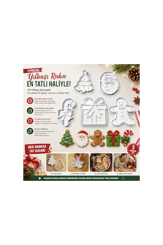 5'li Yılbaşı Konseptli Kurabiye Ve Şeker Hamuru Kalıbı Seti - Noel Baba, Çam Ağacı, Kurabiye Adam, Hediye Paketi, Baston Şeker
