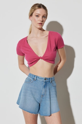 Regular Fit Normal Kesim V Yaka Pembe Crop Bluz Pembe