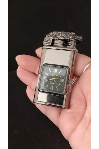 Füme Metal Timsah Başlıklı Saatli Jet Alevli Çakmak Çok Renkli