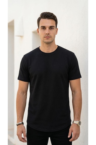 Plus Scorpion Erkek Slim Fit Basic Tişört Esnek, Terletmeyen Pike Dokulu Kumaş Siyah