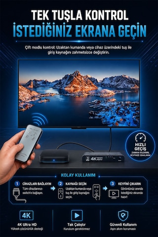 3 Port Hdmı Switch 4k Ultra Hd, 3 Giriş 1 Çıkış Hdmı Anahtarlayıcı, Uzaktan Kumandalı Çoklayıcı, Ps5 Xbox Tv Box Pc Monitör Projektör Uyumlu, Metal Gövde Q508