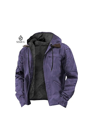 Düz Renk Kapüşonlu Pamuklu Gündelik Erkek Fermuarlı Cepli Ceket Mor