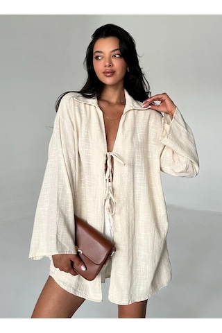 Taş Rengi %100 Keten Bağcık Detaylı Kimono Bluz Taş