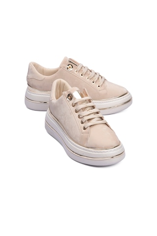 Mubiano Kadın Sneaker Kadife Desenli Gold Detaylı Kalın Tabanlı Spor Ayakkabı Lilium Bej Bej