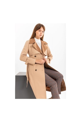 Pastelastore %100 Pamuk Gabardin Uzun 110cm Çift Renk Garnili Astarlı Kemerli Kadın Trençkot 1114 Açık Bej