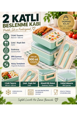 2 Katlı Bölmeli Sefer Tası / Beslenme Kabı 900ml - Kaşık Çatal Setli, Sızdırmaz Ve Bpa İçermez Açık Mavi