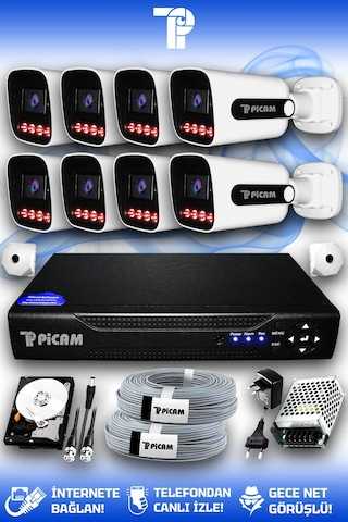 Picam 8 Kameralı Zebra 8 Dış Kamera Set 320 Gb 5 Mp 2k Net Gece Görüşlü Güvenlik Kamerası Sistemi