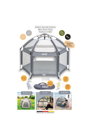 Kiwi Safari Çocuk-bebek Oyun Parkı Çadırı +50 Uv Korumalı,kolay Kurulum,alüminyum Sağlam Gövde - Gri