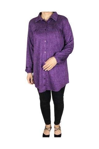 Mevsimlik Kolları Lastikli Boydan Düğmeli Gömlek Mor