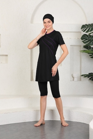 Aslınur Likralı Şeritli Yarı Kapalı Tesettür Mayo - Siyah