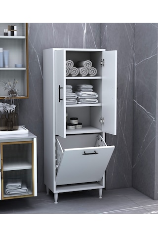 Makbulce Orkide Kirli Çamaşır Sepetli 2 Kapaklı Çok Amaçlı Dolap Beyaz