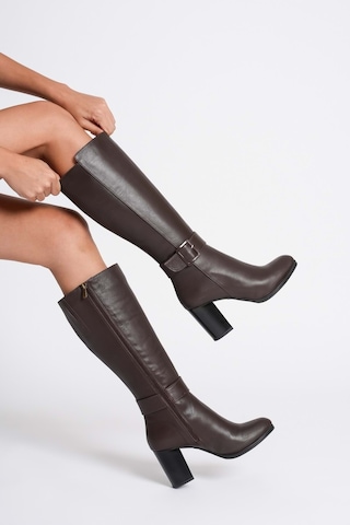 Analin Shoes Kadın Hakiki Deri Toka Detaylı Topuklu Çizme Kahve