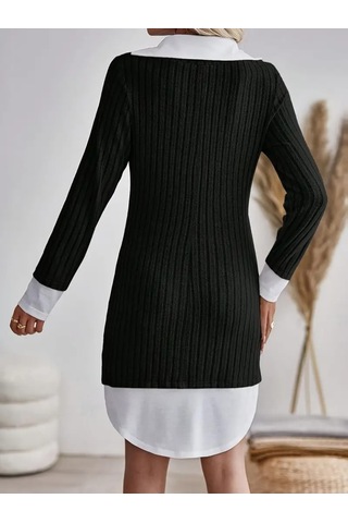 Kadın Uzun Kollu Yakalı Şardonlu Kaşkorse Dokuma Detaylı Elbise Siyah