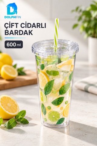 Büyük Çift Cidarlı Pipetli Bardak 600 Ml Desenli Kapaklı Plastik İçecek Bardağı Çok Renkli