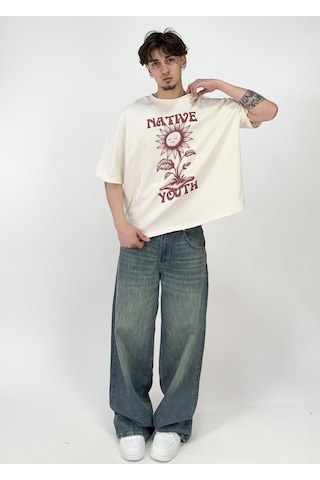 Zaee Native Youth Baskılı Oversize T-shirt Krem