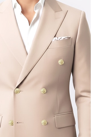 Gümüş Renk Metal Düğmeli Modern Fit Kruvaze Bej Erkek Takım Elbise Wessi Krem