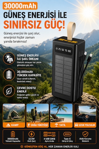 30000mah Güneş Enerjili Powerbank 22.5w Hızlı Şarj 4 Usb Çıkışlı Dahili Kablolu Taşınabilir Harici Batarya 30.000 Mah