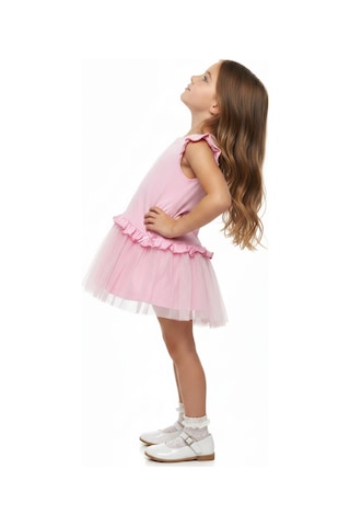 Toontoy Kids Toontoy Kız Çocuk Regular Fit Bisiklet Yaka Fırfır Kol Fiyonk Detaylı Tüllü Elbise 25047 Pembe
