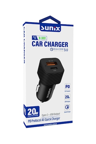 Sunix Araç Çakmak Şarj Aleti Qualcomm3.0 20w Hızlı Şarj Type C ve