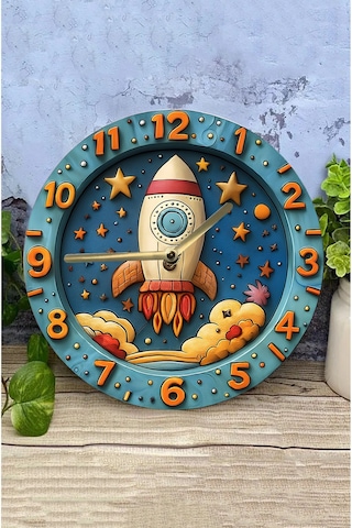 Roket Ve Uzay Temalı Çocuk Mdf Duvar Saati 3d Görünümlü, 2d Hd Baskı, Sessiz Mekanizma Sdw236 Renkli