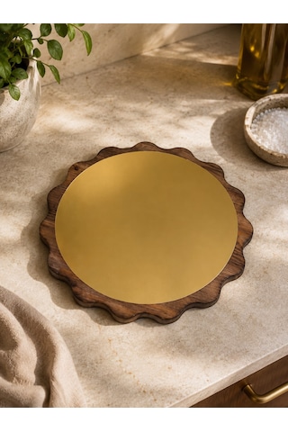 Famwoodart Büyük Boy Gold Papatya Ahşap Sunumluk ,supla ,nihale ,kahvelik ,pasta Ve Kek Standı,aynalı %100 Çam Altın - Kahverengi