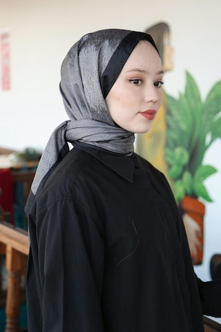 Premium Lux Original Monogram Şal İpek Vual, Yüksek Kalite, Hafif, Rahat, Şık, Tesettür, Shawl Füme - Siyah