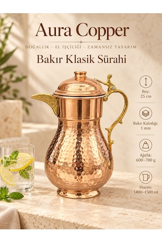 Aura Copper Kapaklı İçi Kalaylı 1 Mm Dövme Bakır Sürahi