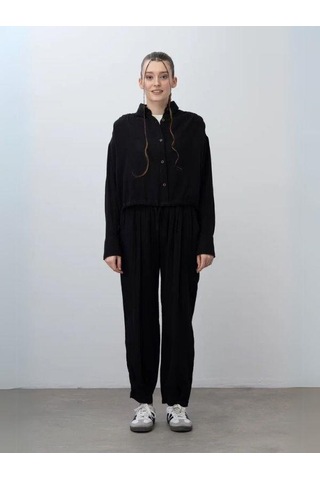 Kız Çocuk Müslin Kumaş Gömlek Pantolon Takım-15786 Siyah